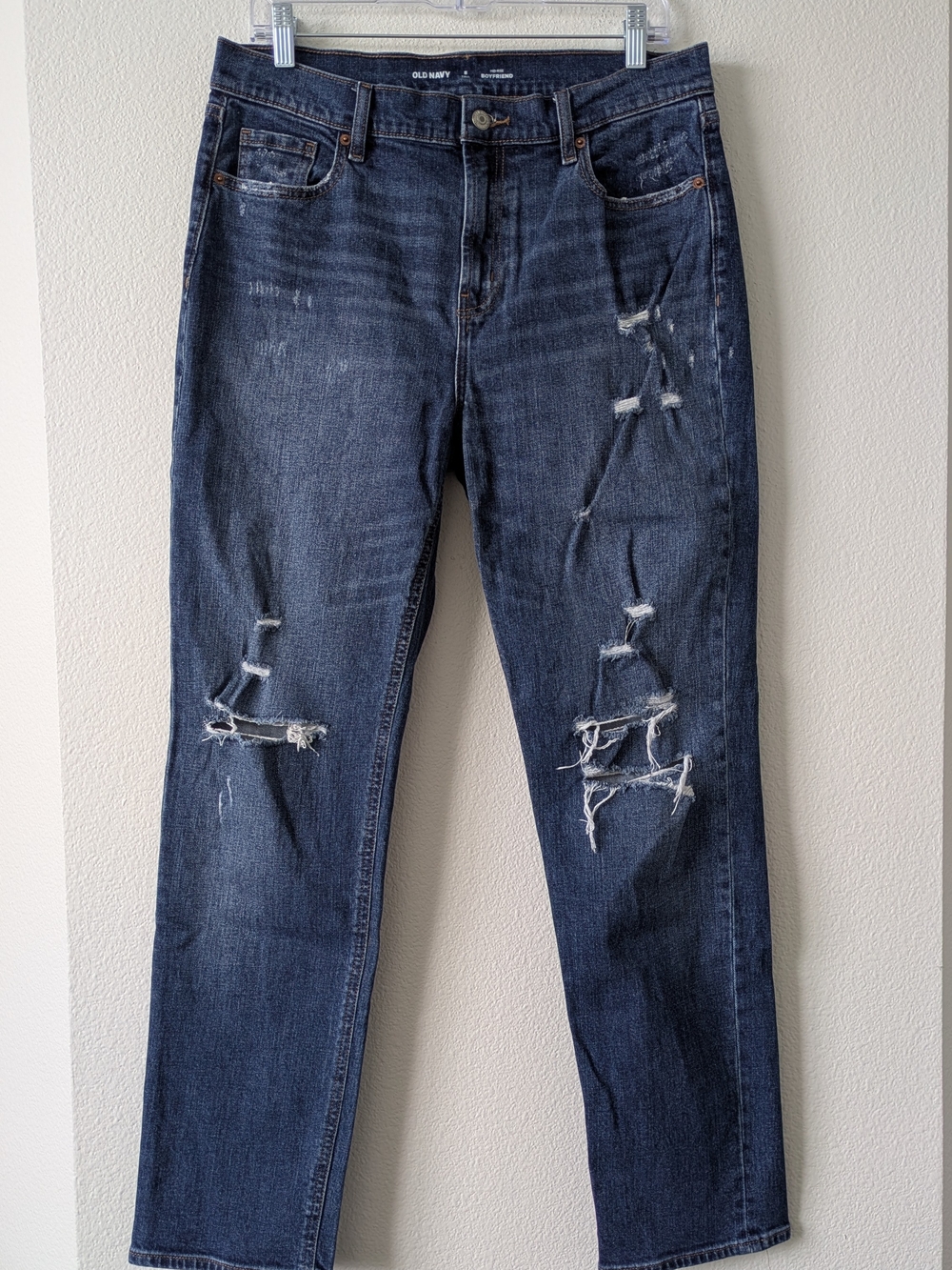 Old Navy Women's Mid-rise, Dark Blue, Distressed, Boyfriend, Straight Leg Jeans